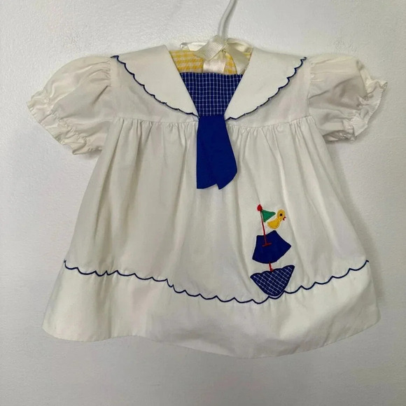 Vintage Baby Girl Sailor Dress Blue Gingham Duck Boat Matching Bonnet Size 3-6 M - Picture 1 of 6